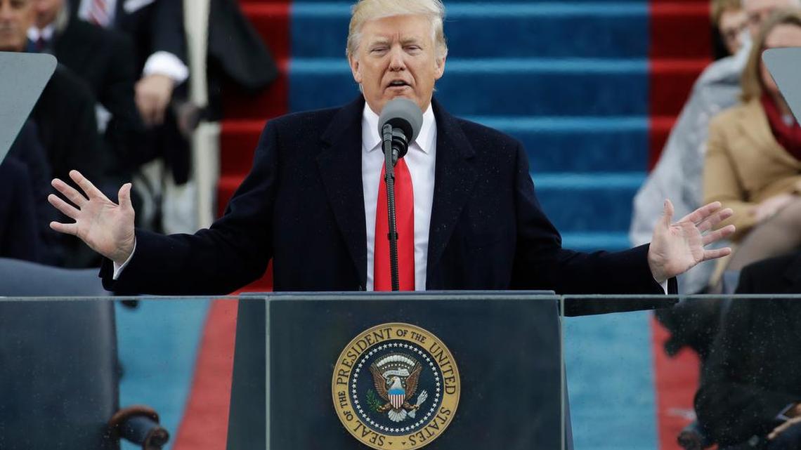President Donald Trump delivers his inaugural address after being sworn in as the 45th president of the United States during the 58th Presidential Inauguration at the U.S. Capitol in Washington, Friday, Jan. 20, 2017.