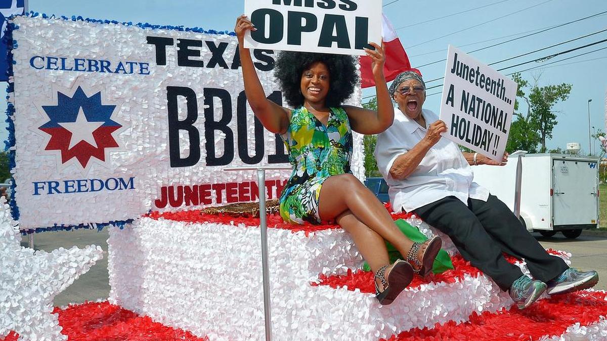 Fort Worth's Opal Lee on her float in the Juneteenth parade in Forest Hill last Saturday.