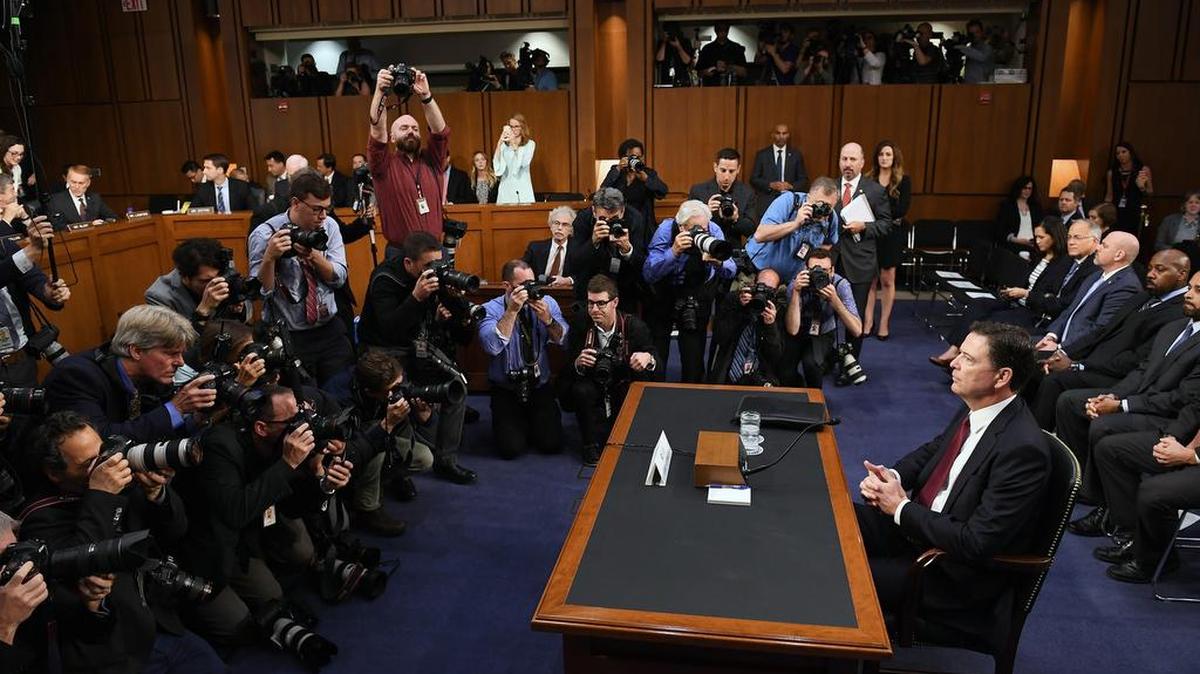 Former FBI Director James Comey appears before the Senate Intelligence Committee in the Hart Office Building. Comey said he took copious notes of his talks with Trump because he was "honestly concerned'' that the president might lie about what had been said in their meeting.