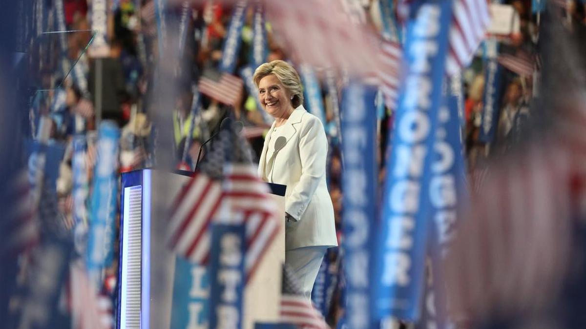Hillary Clinton accepts the Democratic presidential nomination on stage during the final day of the Democratic National Convention in Philadelphia, July 28, 2016.