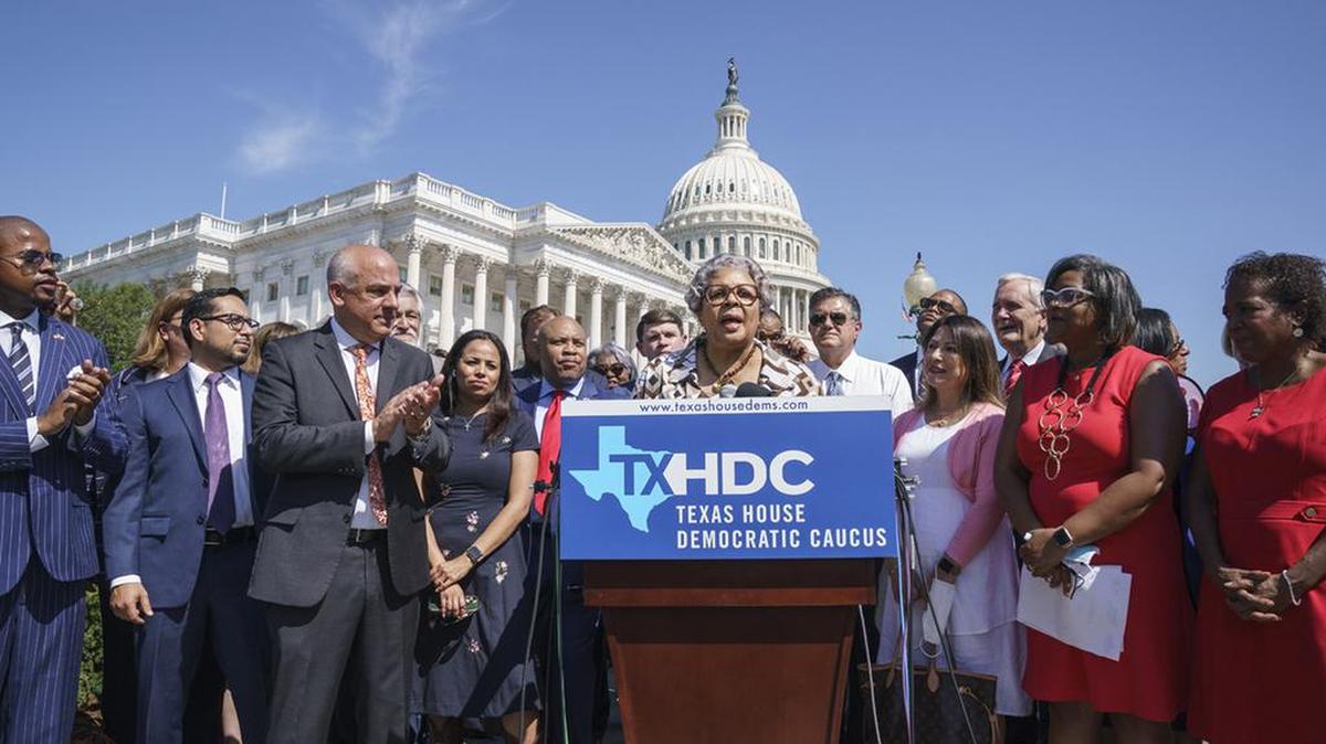 Texas State Rep. Senfronia Thompson, dean of the Texas House of Representatives, speaks as Democratic members of the Texas legislature held a news conference at the Capitol in Washington on Tuesday.