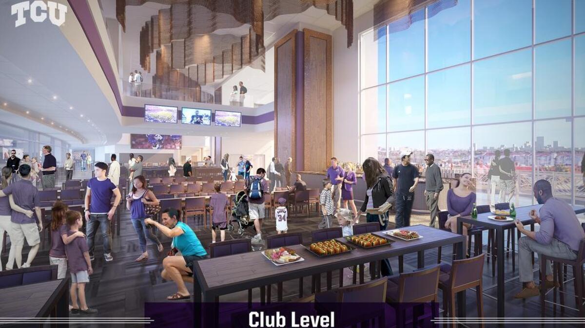 An artist’s rendition of the inside of the club level of the planned addition to the east side of Amon G. Carter Stadium at TCU.