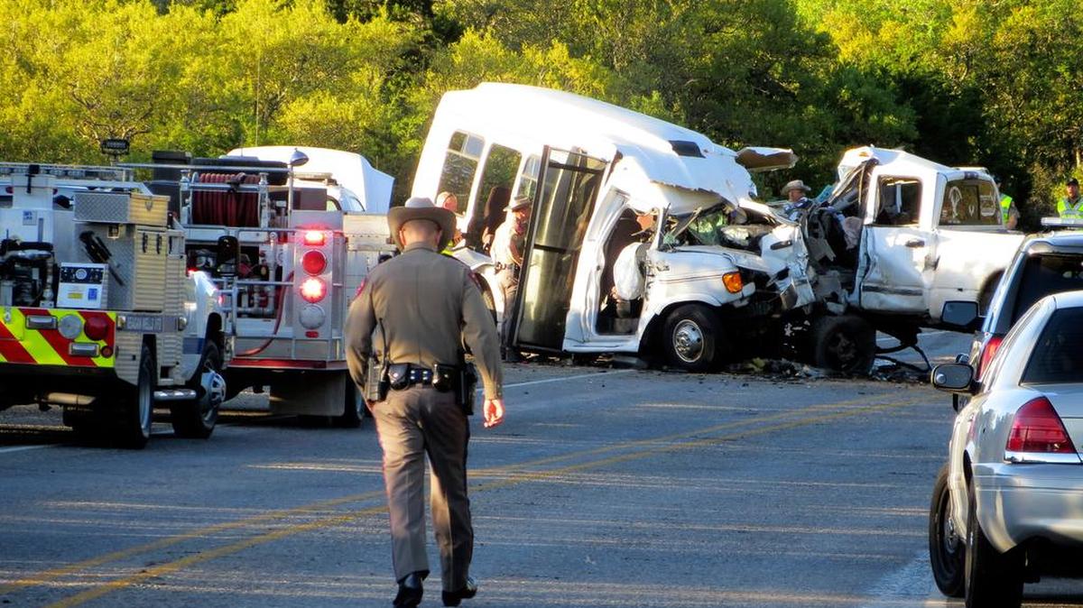 Authorities investigate a deadly crash Wednesday involving a van carrying church members and a pickup on U.S. 83 outside Garner State Park in northern Uvalde County. The group of senior adults from First Baptist Church of New Braunfels, Texas, was returning from a retreat when the crash occurred, a church statement said.
