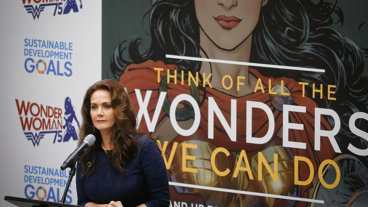Lynda Carter, who played Wonder Woman on television, speaks during a U.N. meeting to designate Wonder Woman as an “Honorary Ambassador for the Empowerment of Women and Girls,” Oct. 21 at U.N. headquarters.