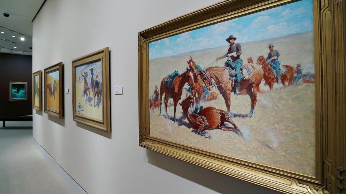 "Among The Led Horses" by Frederick Remington (1909, oil on canvas). A Lonesome Dove Trailhead "Rope" Cutting was held at the Sid Richardsn Museum of Fort Worth in Sundance Square, Friday, January 15, 2015.
