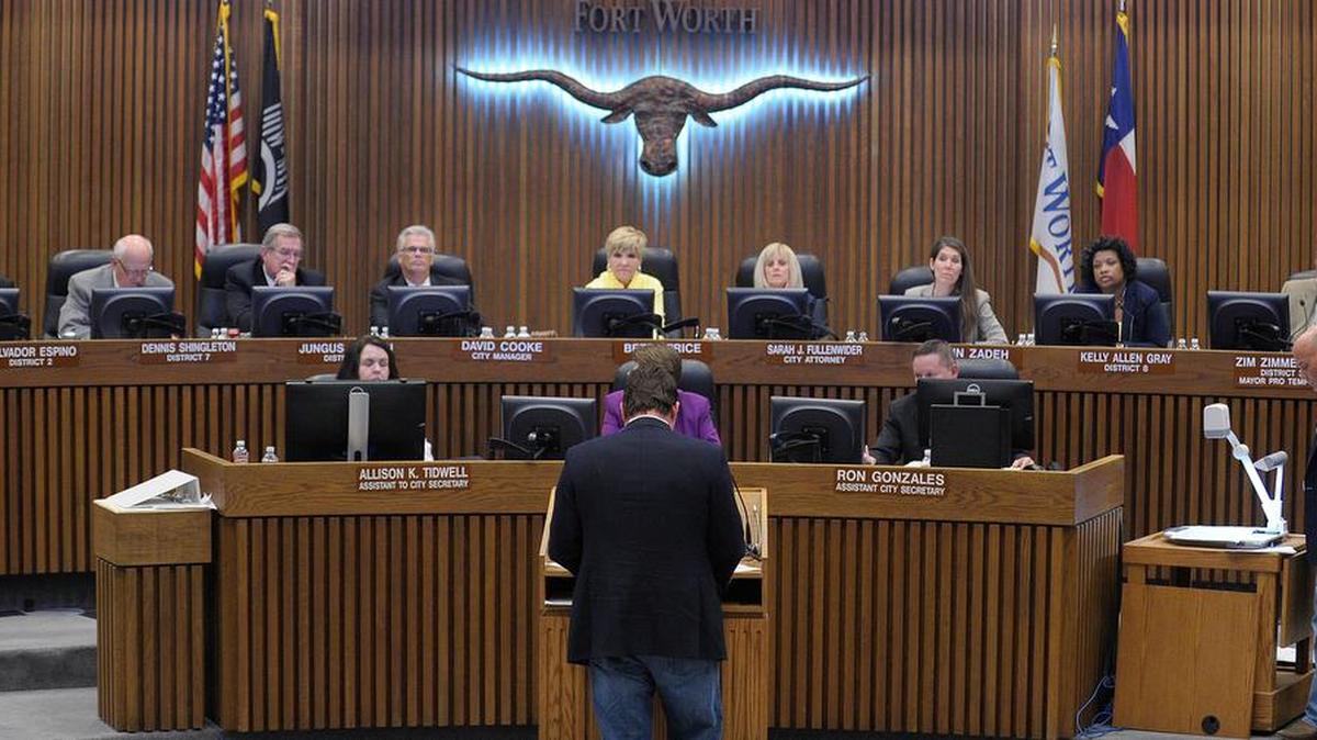 Troy Robertson, F&R Distillery, address the council at a jam-packed city council meeting during the decision to rezone Glen Garden Country Club to allow his whiskey distillery, which some in the neighborhood very upset about. Shot at City Hall in Fort Worth, TX, Tuesday, July 15, 2014.