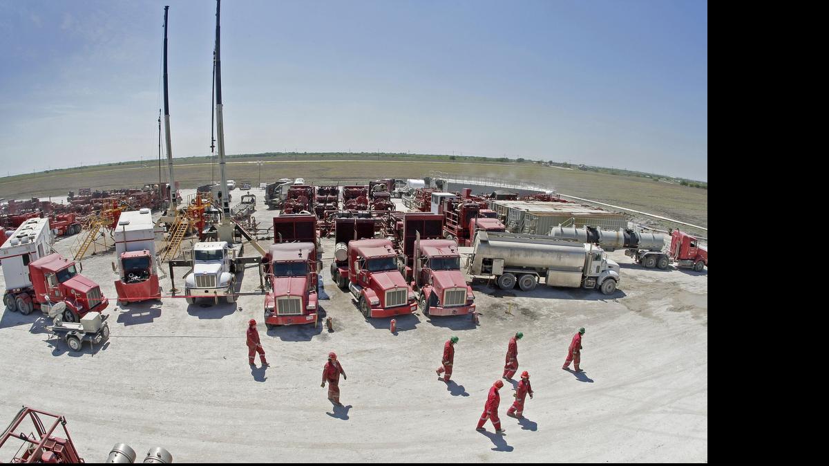 
Hydraulic fracturing, or fracking, at a drilling site. 
