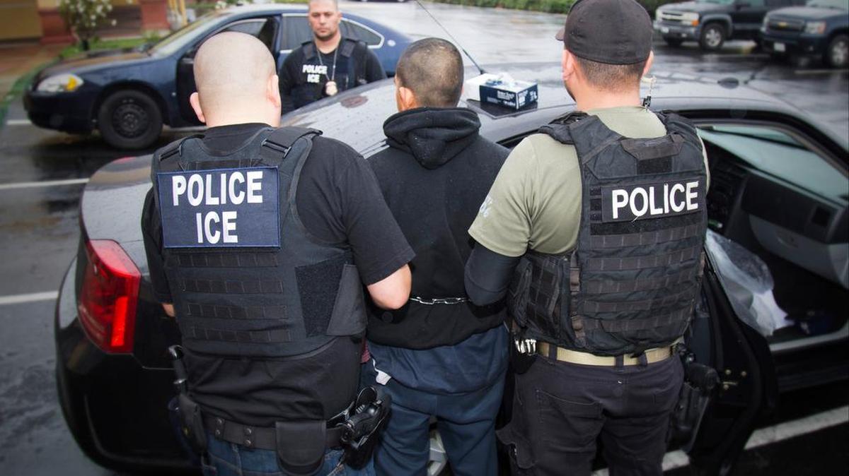 U.S. Immigration and Customs Enforcement agents make an arrest during a targeted enforcement operation in Los Angeles.