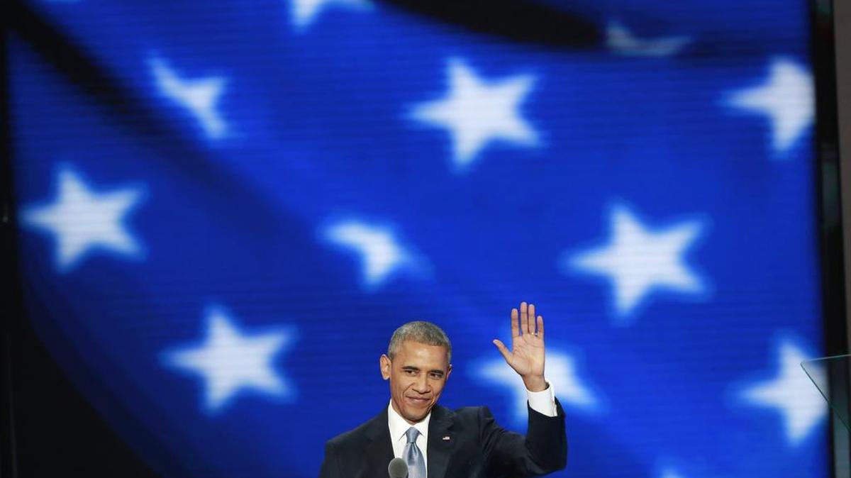 President Barack Obama emerges on stage before his address to the Democratic National Convention on its third day at the Wells Fargo Center in Philadelphia, July 27, 2016.
