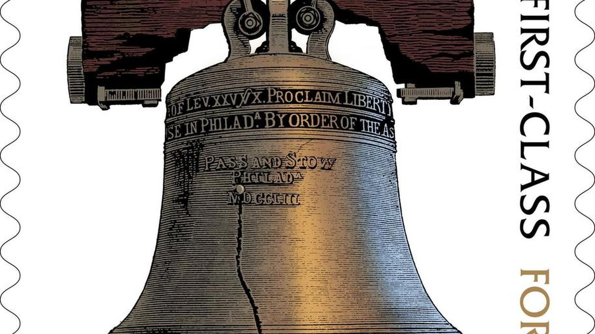 The Liberty Bell adorns a first-class “forever stamp.”