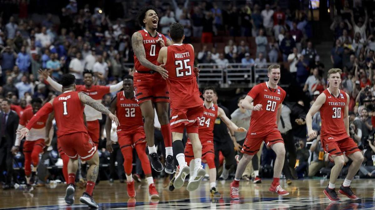 Texas Tech celebrates after a win against Gonzaga in the West Regional final in the NCAA men’s college basketball tournament Saturday, March 30, 2019, in Anaheim, Calif. Texas Tech won 75-69.