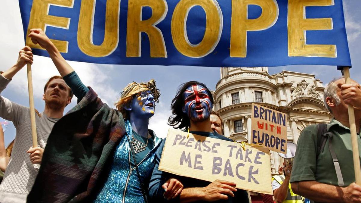 More than 20,000 people gather to protest against Great Britain leaving the European Union on Saturday, July 2, 2016, in central London, where marchers made their way to Parliament Square.