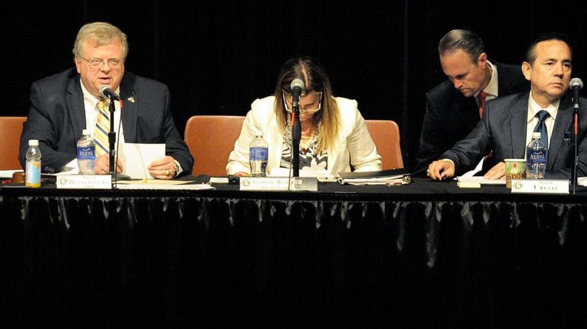 Chair Paul Bettencourt, left, addresses the over 500 people who attended a meeting of the Senate Select Committee on Property Tax Reform and Relief last year in Arlington.