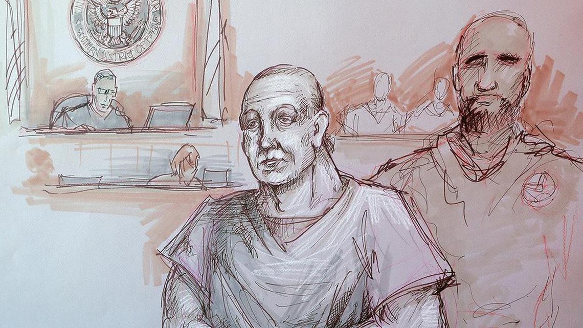 In this courtroom sketch, Cesar Sayoc, appears in federal court on Oct. 29, 2018, in Miami.