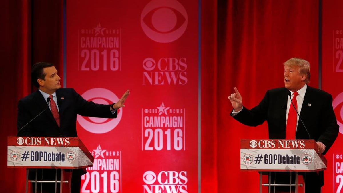 Republican presidential candidate, Sen. Ted Cruz, R-Texas, left, and Republican presidential candidate, businessman Donald Trump participate during the CBS News Republican presidential debate at the Peace Center, Saturday, in Greenville, S.C.