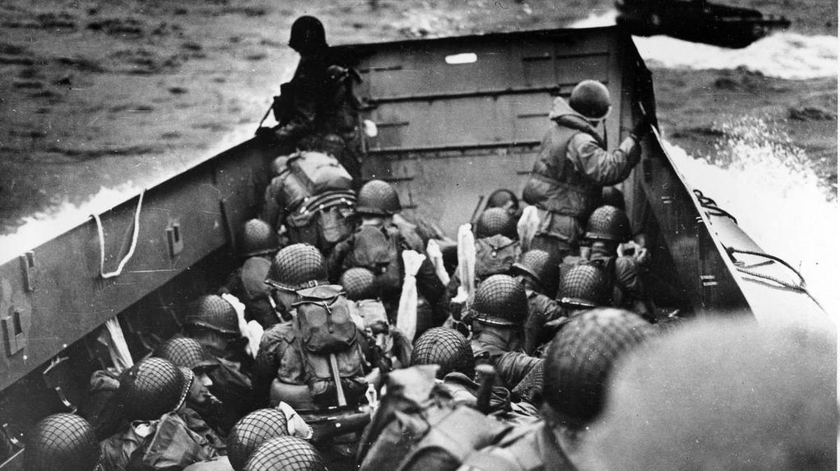 Allied troops about to land on Omaha Beach in Normandy on June 6, 1944