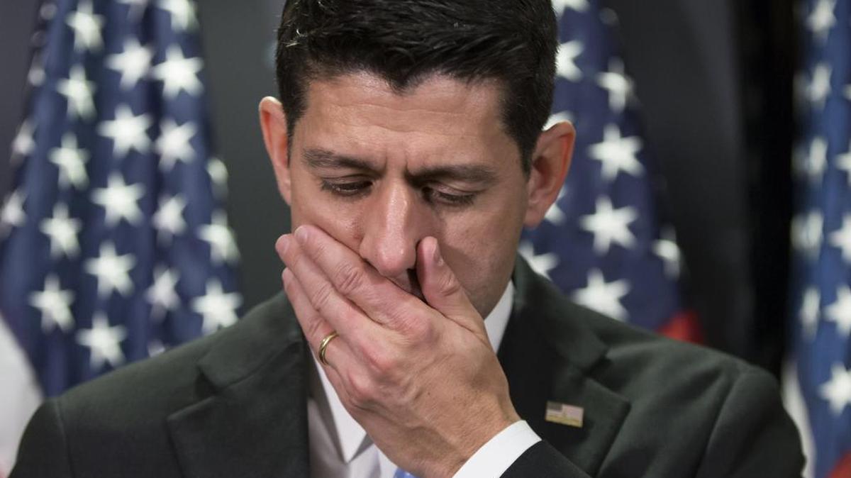 House Speaker Paul Ryan of Wis., and the House GOP leadership, pauses while talking to reporters at the Republican National Committee headquarter on Capitol Hill in Washington, Tuesday, June 14, 2016, about their response to the deadly shooting in Orlando on Sunday that left 49 dead and more than 50 injured. Ryan said that a ban on Muslims entering the U.S. as presidential nominee Donald Trump proposes, is not in the nation's interest.