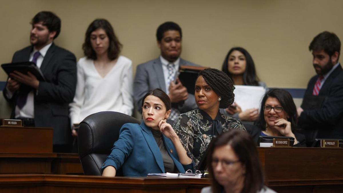 FILE — From left: Reps. Alexandria Ocasio-Cortez (D-N.Y.), Ayanna Pressley (D-Mass.) and Rashida Tlaib (D-Mich.) at a hearing on Capitol Hill in Washington, Jan. 29, 2019.