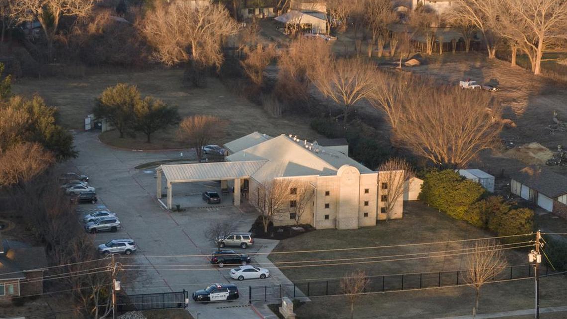 An aerial view of police in front of the Congregation Beth Israel synagogue on Jan. 16 in Colleyville, Texas.