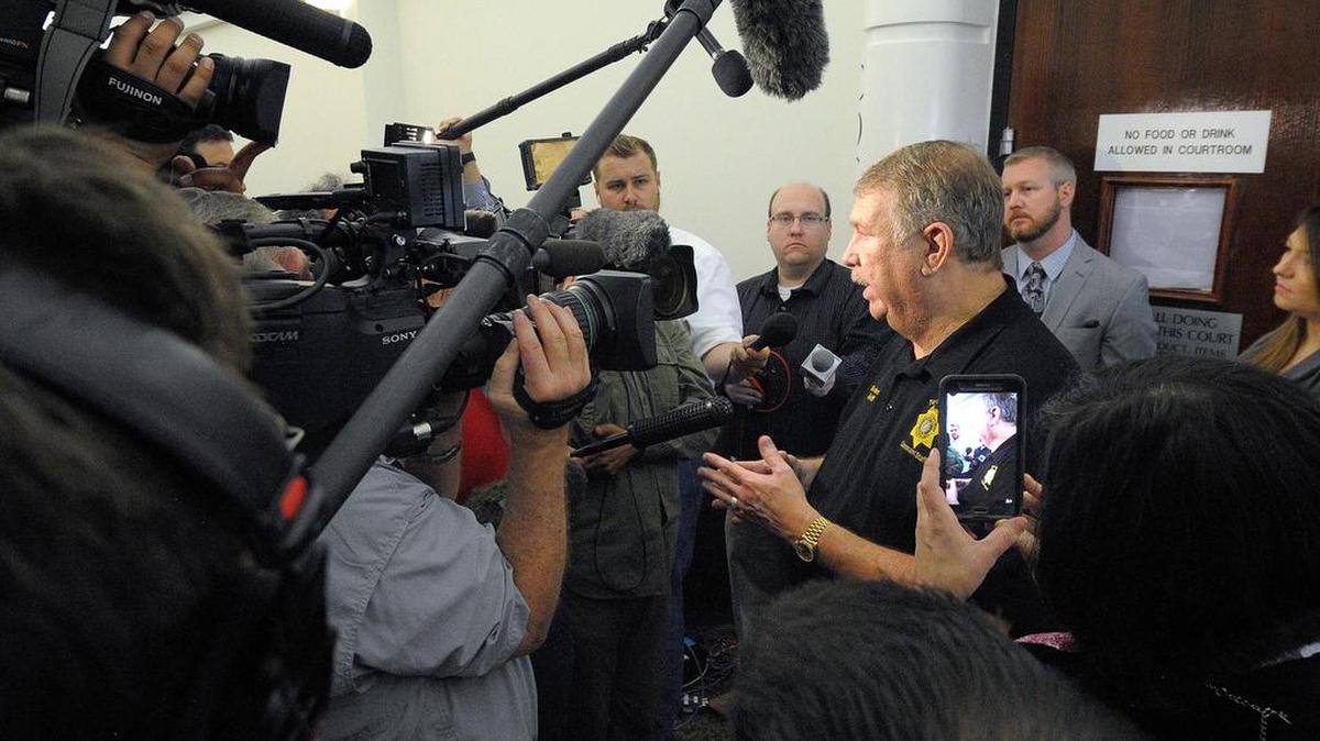 Sheriff Dee Anderson talks to the media after the Ethan Couch hearing on April 13.