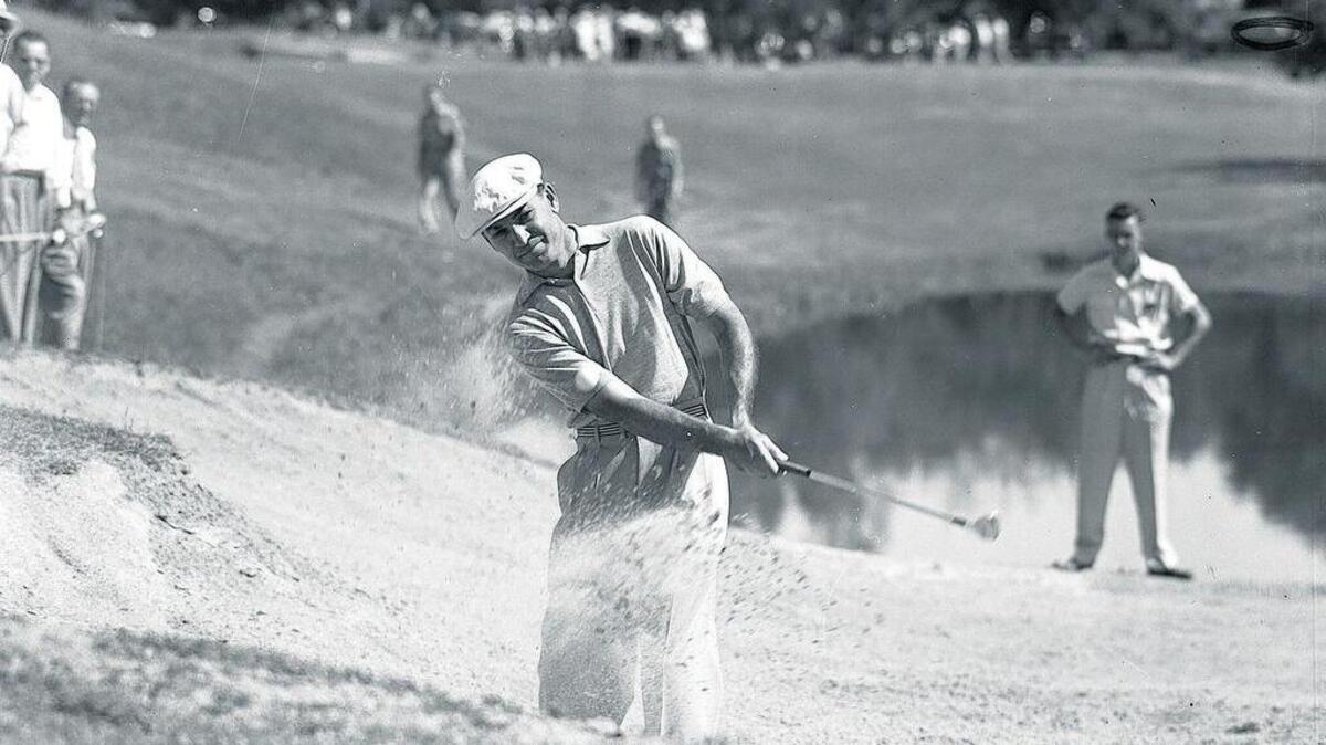 Ben Hogan blasts from the sand trap during the Colonial National Invitation Golf Tournament, May 23, 1951.