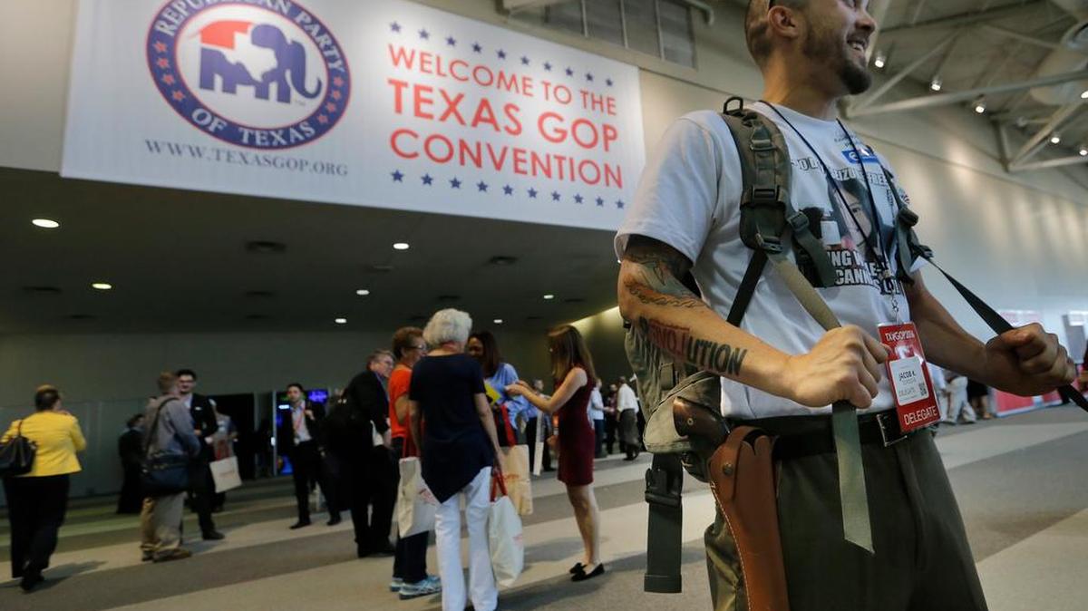 Jacob K. Cordova, of Arlington, openly carries a black powder pistol, at the Republican Party of Texas State Convention in Dallas at the Kay Bailey Hutchison Convention Center, Thursday, May 12, 2016.