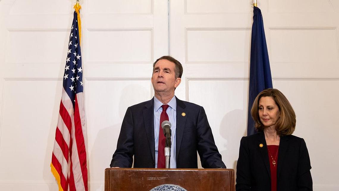 Gov. Ralph Northam of Virginia delivers a statement alongside his wife, Pam Northam, in Richmond, Va., Feb. 2, 2019.