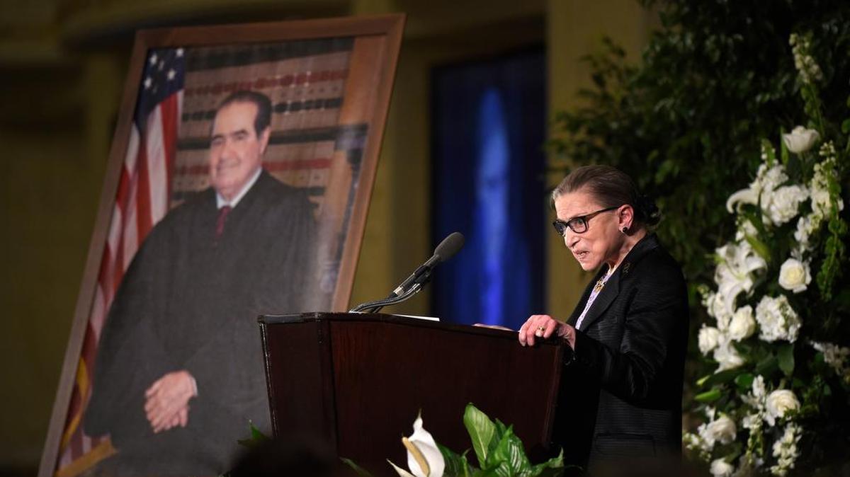 Supreme Court Justice Ruth Bader Ginsburg speaks at the memorial service for Supreme Court Justice Antonin Scalia, Tuesday, March 1, 2016, at the Mayflower Hotel in Washington.