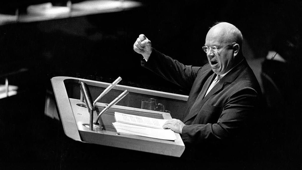 Nikita Khrushchev, Soviet premier and first secretary of the Communist Party of the Soviet Union, gestures with his fist to emphasize a remark during his address before the United Nations General Assembly in New York City on Sept. 23, 1960.