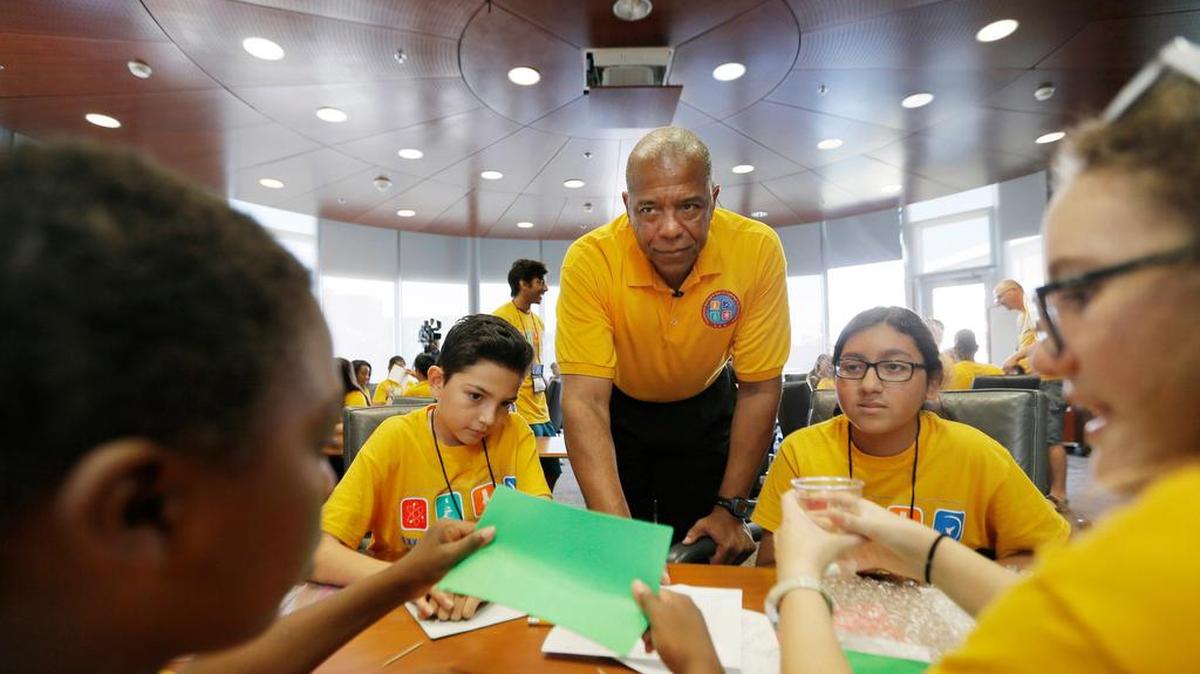 Retired NASA astronaut Dr. Bernard Harris conducts a space camp at the University of Texas at Arlington on June 27.