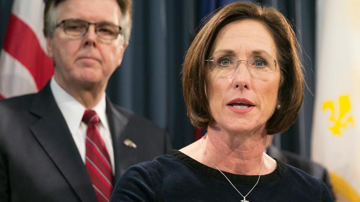 State Sen. Lois Kolkhorst, R-Brenham, speaks about the Texas Privacy Act on Feb. 6 as Lt. Gov. Dan Patrick listened.