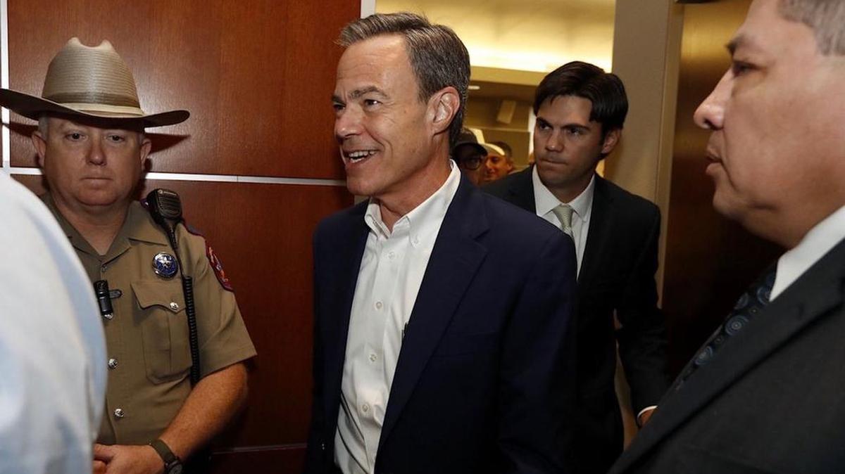 House Speaker Joe Straus emerges from a House Republican caucus meeting at the Reagan building in Austin on Aug. 15, 2017.