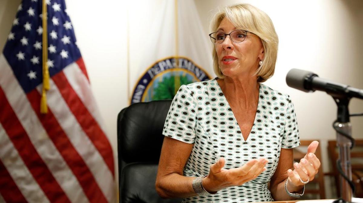 Education Secretary Betsy DeVos speaks with the media after a series of listening sessions about campus sexual violence, Thursday, July 13, 2017, in Washington.