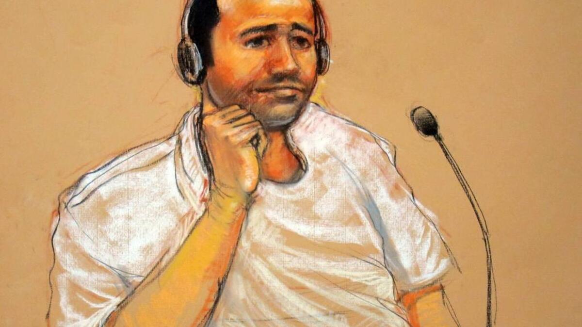 This 2011 artist rendering shows Abd al Rahim al-Nashiri during his military commissions arraignment at the Guantanamo Bay detention center in Guantanamo, Cuba.