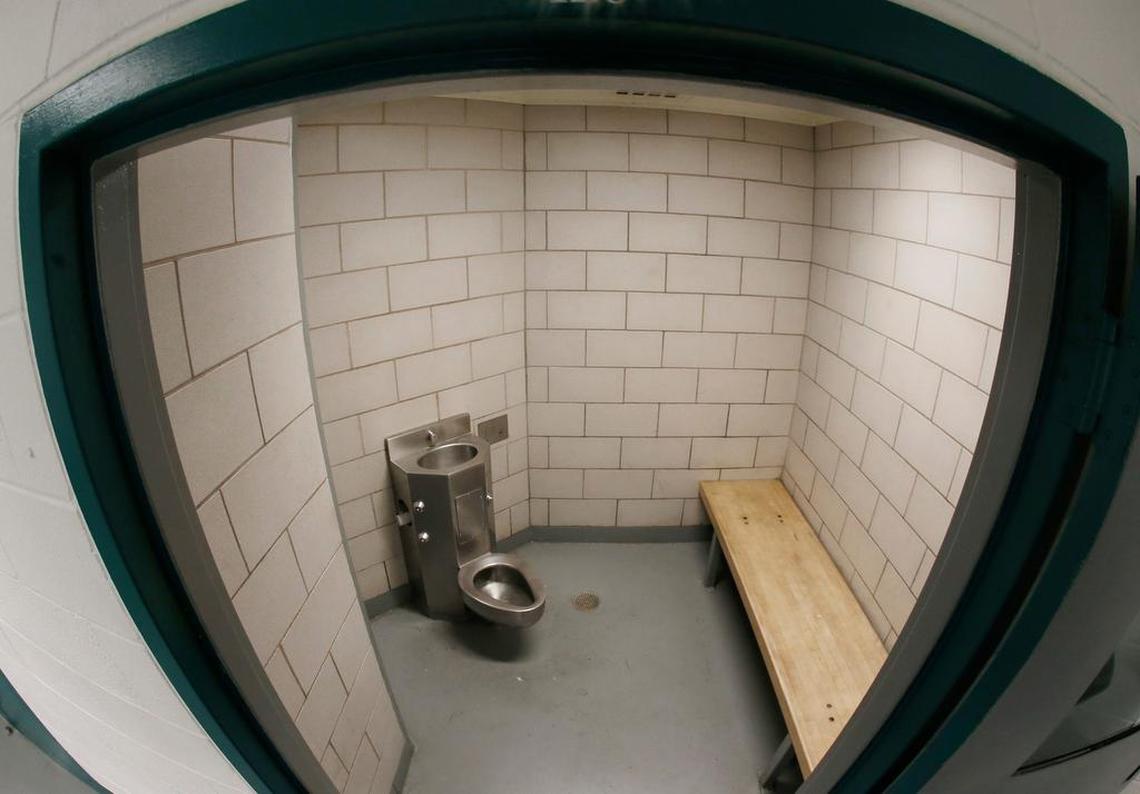One of the hold cells in the processing section of the Tarrant County Jail.