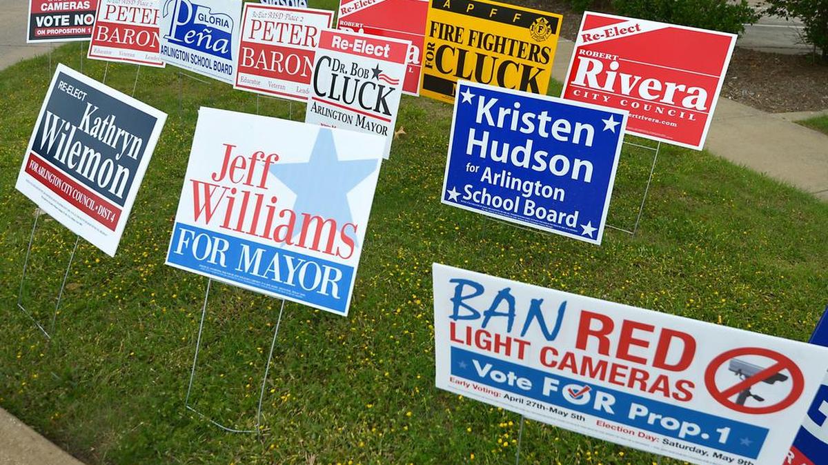 
Campaign signs in Arlington for this year’s May 5 local elections. 
