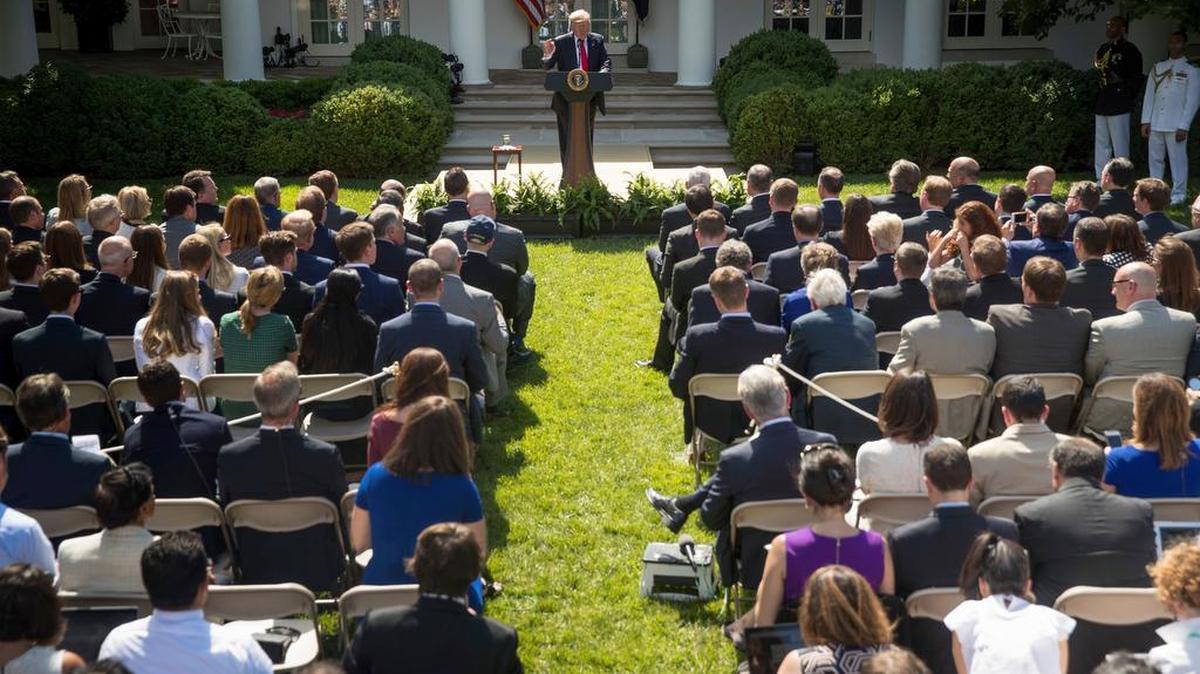 President Donald Trump speaks about the U.S. role in the Paris climate change accord in the Rose Garden of the White House in Washington Thursday.