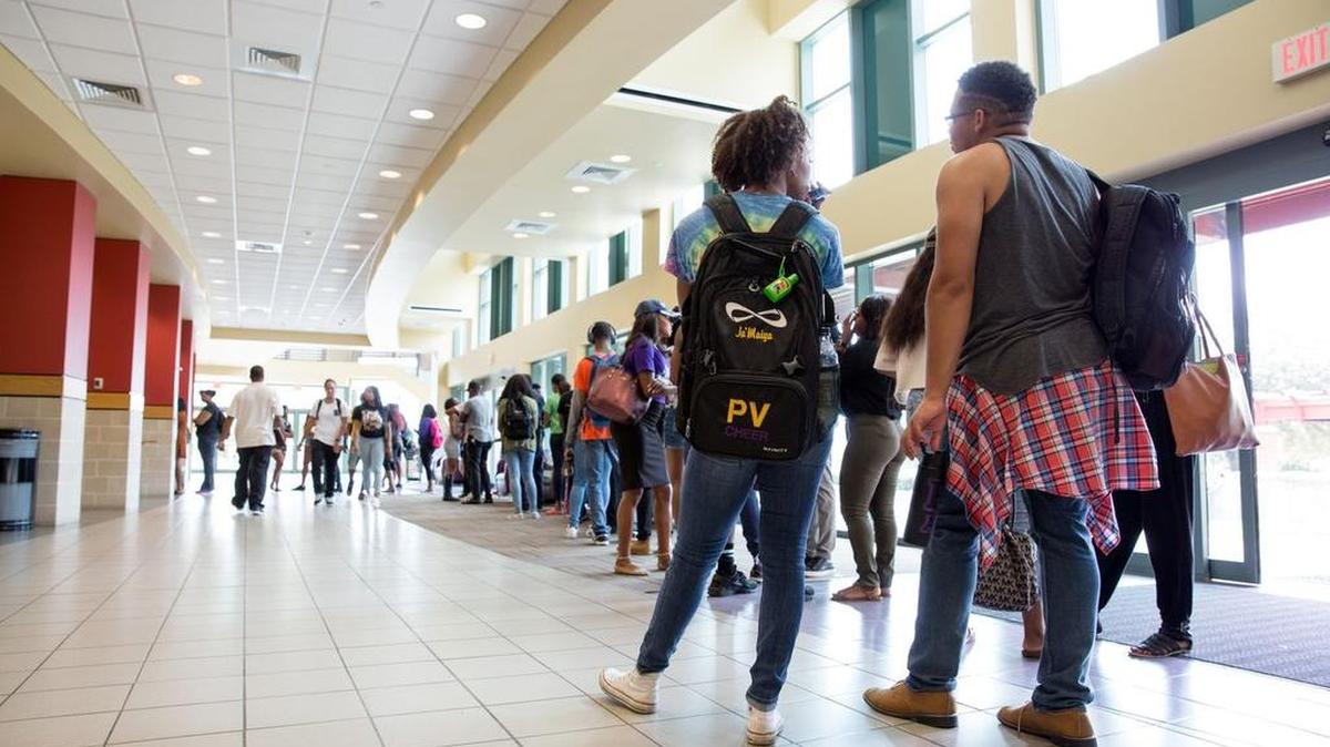 Students in line for early voting at the Willie A. Tempton Student Center at Prairie View A&M University in 2016.