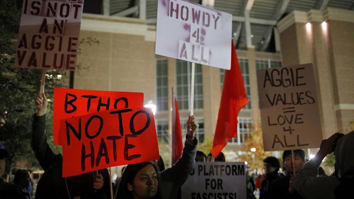 Students at Texas A&M in College Station protest outside the venue where white nationalist Richard Spencer spoke on December 6, 2016.