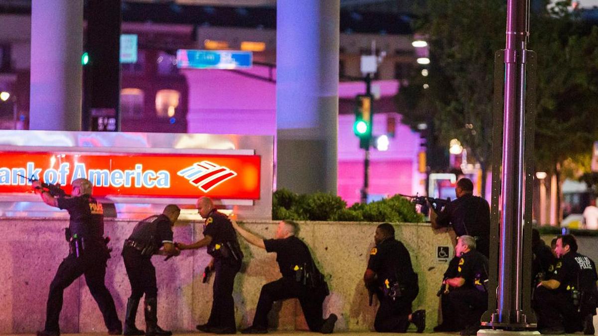 Dallas Police respond after shots were fired at a Black Lives Matter rally in downtown Dallas on July 7.