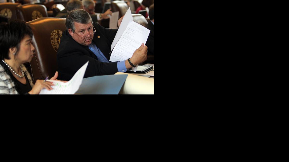
State Rep. Doug Miller, R-New Braunfels, right, confers with colleague Rep. Angie Chen Button, R-Richardson, during a House session in 2013. 
