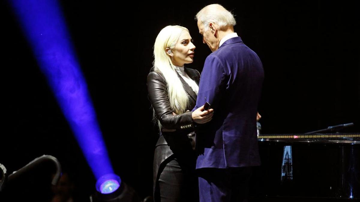 Vice President Joe Biden, right, embraces Lady Gaga at an event Thursday, April 7, 2016, in Las Vegas. Biden and Lady Gaga took to the stage to raise awareness about sexual assault at schools and college campuses.