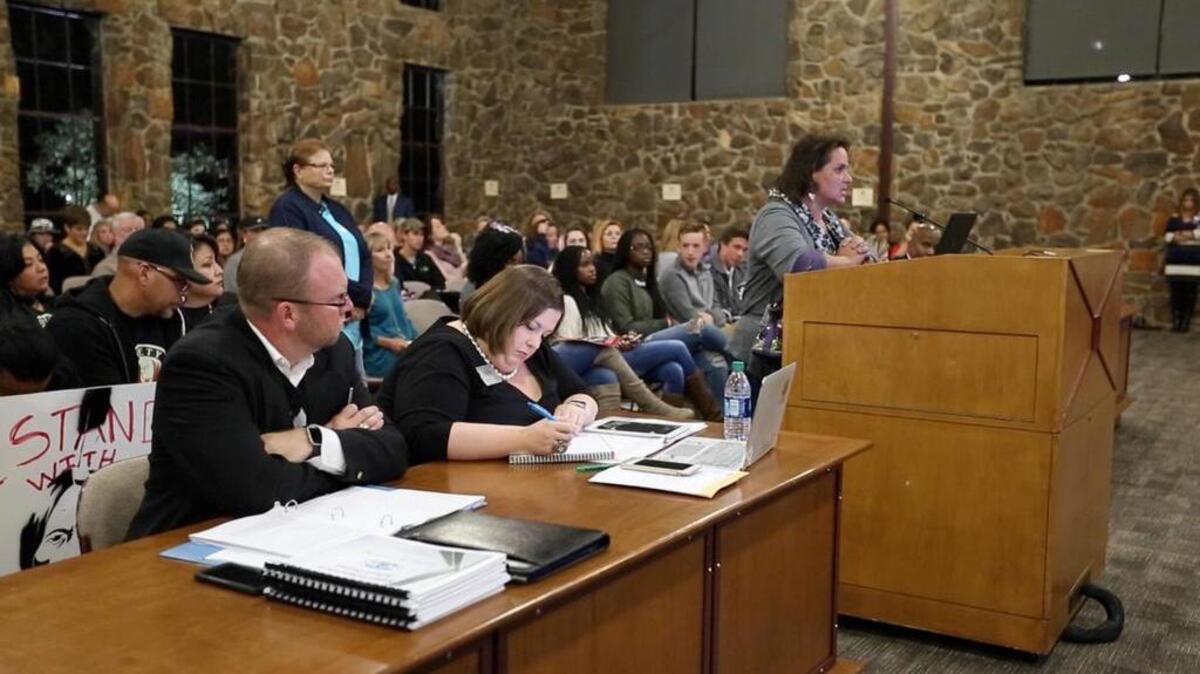 Teri Hughes Owens spoke during the public comment portion of the Keller ISD school board meeting Thursday to urge trustees to keep the Keller High Indian mascot. She is a member of the Keller High School class of '82.