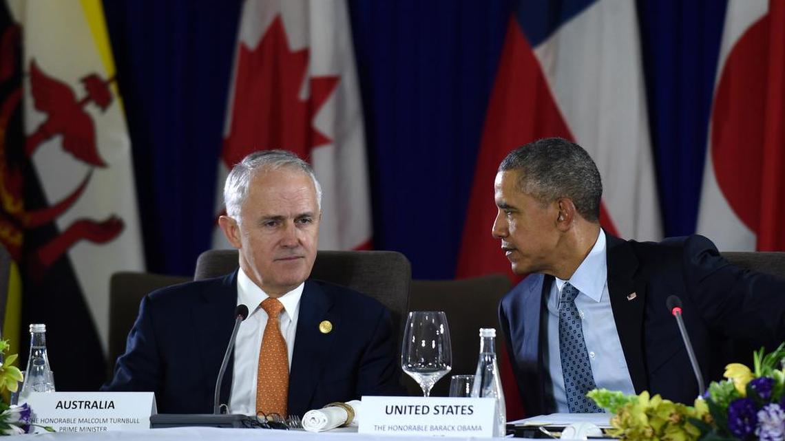President Obama, right, and Australia’s Prime Minister Malcolm Turnbull discuss the Trans-Pacific Partnership.