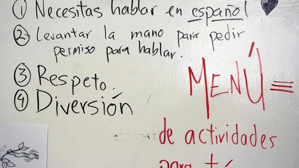 Dry erase boards were filled with Spanish like this one with classroom instructions during Spanish immersion classes at Burton Hill Elementary School Thursday morning June 18, 2015.