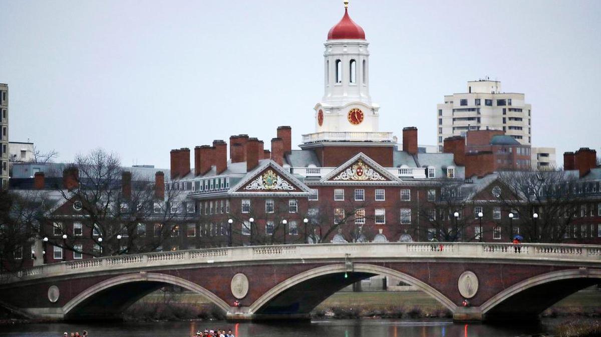 Rowers paddle along the Charles River past the Harvard College campus in Cambridge, Mass.