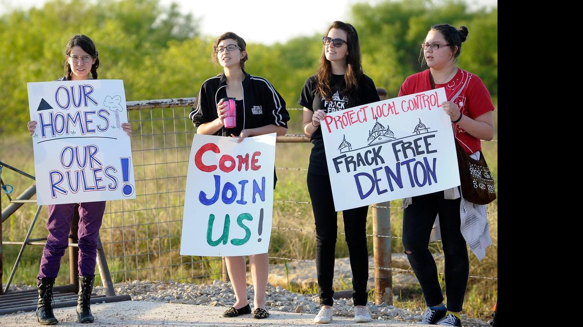 
Activists protested Tuesday at a drilling site in northwest Denton, where a new state law contradicts the city’s recent fracking ban. 

