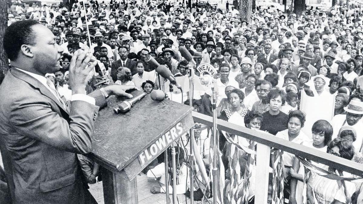 The Rev. Martin Luther King Jr. addresses a crowd of some 3,000 persons in Birmingham, Ala., 1966.