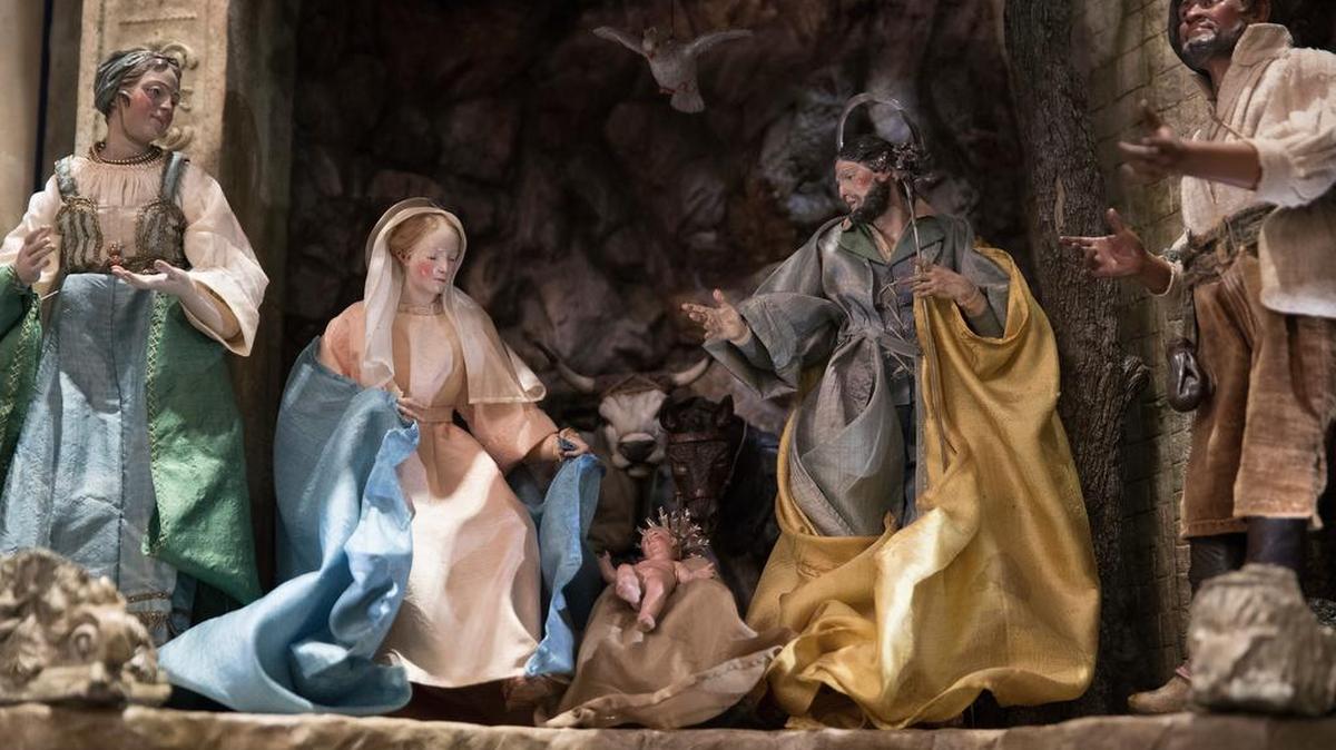 A detail of the baby Jesus is seen in a Nativity Scene in the East Room during a media preview of the 2017 holiday decorations at the White House in Washington, Monday, Nov. 27, 2017.