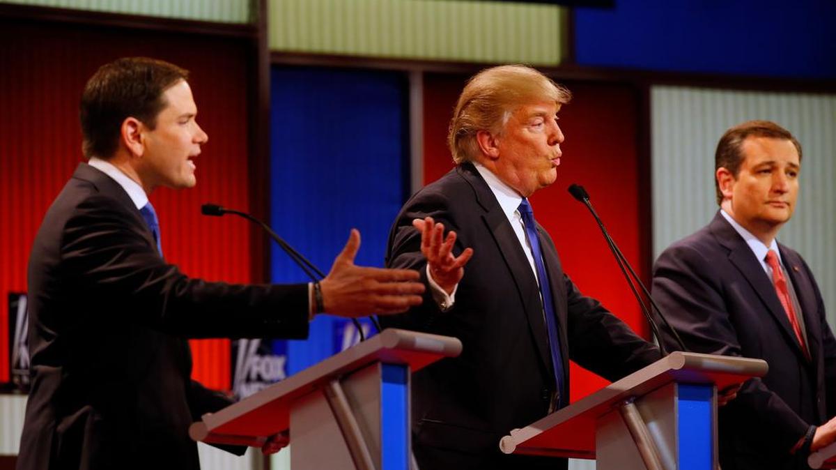 Marco Rubio, Donald Trump and Ted Cruz at Thursday’s Republican presidential primary debate in Detroit.